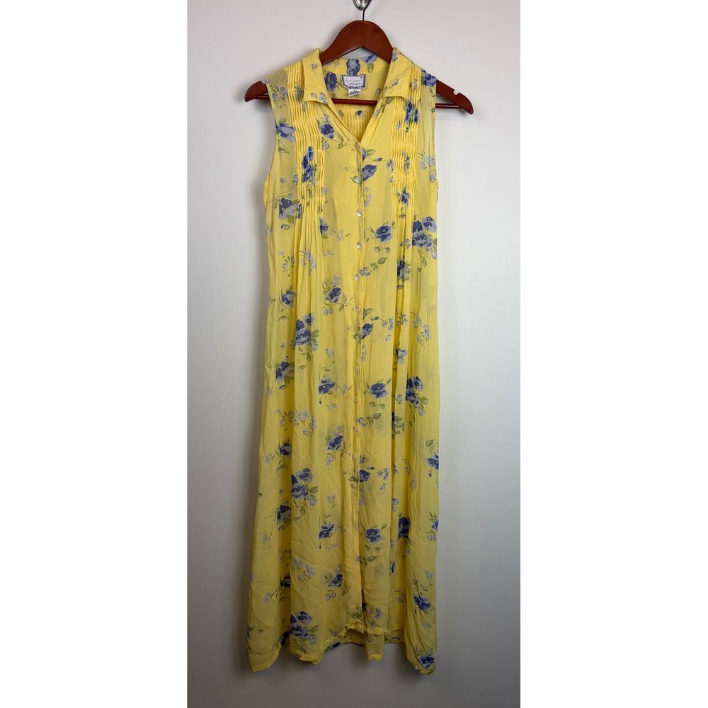 Vintage Sheer April Cornell Maxi Dress S Yellow Floral Pintuck Cottage Button Up